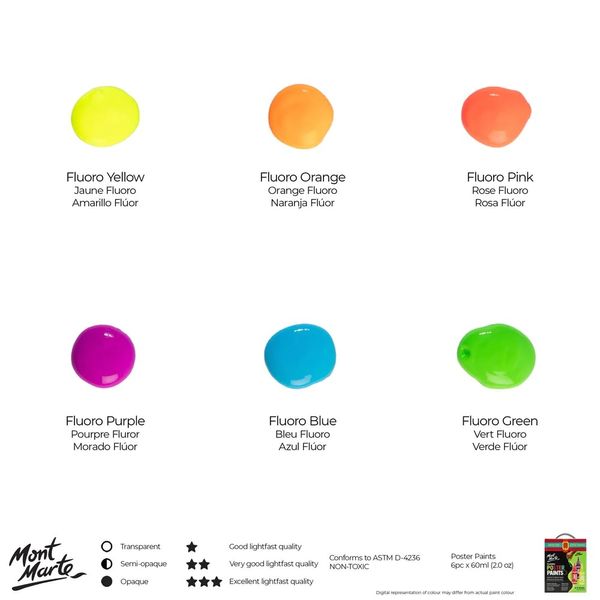 Фторовые краски для плакатов Mont Marte, детские, для постера, 6 шт. x 60 мл MPST6002 фото