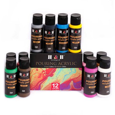 Набор разливной акриловой краски (POURING ACRYLIC) H&B, Fluid Art, 12 цветов, 60 мл. HB-FP012 фото