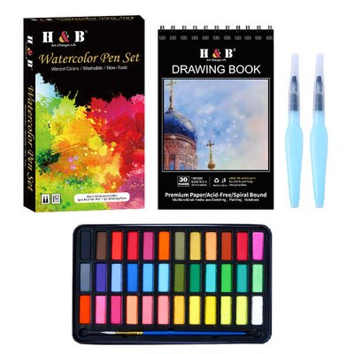 Премиум набор для акварели - 36 цветов, 2 Water Brush Pen, блокнот А5 HB-WPS040 фото